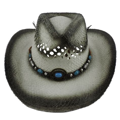 Unisex Cowboy Hat with Turquoise Concho, Beads, Chin Strap