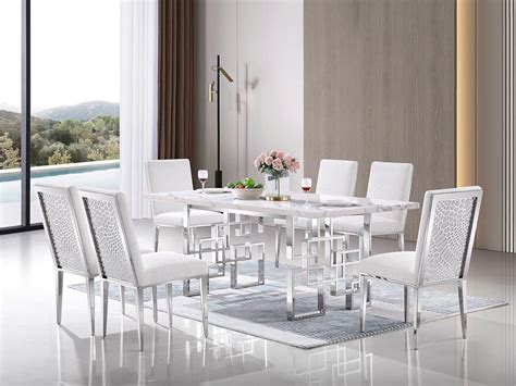 Amazon.com - AZhome 7 Piece Dining Table Set for 6, White and Silver Dining Room Table Set with ...