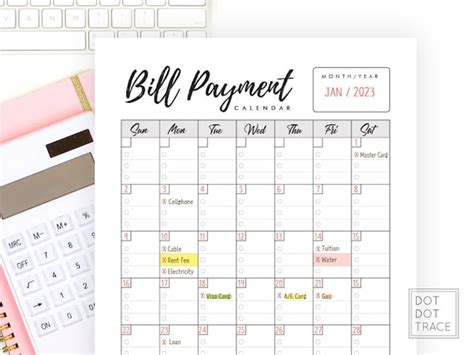 Printable Bill Payment Calendar Monthly Bills Calendar Bill - Etsy