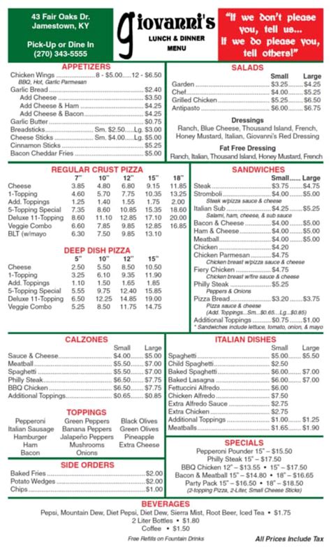 Giovanni's Pizza Menu, Menu for Giovanni's Pizza, Jamestown, Jamestown ...