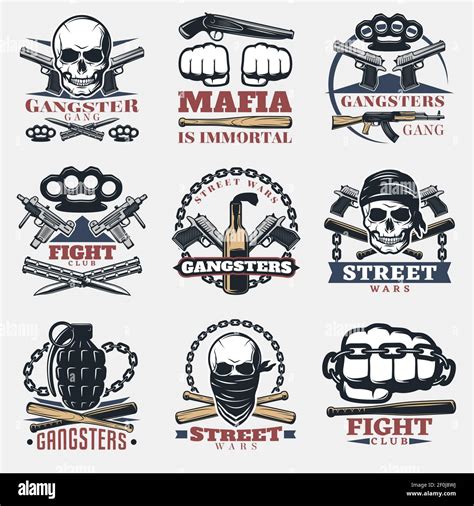 Nine isolated mafia and gangster emblems set with various symbols of fists guns and skulls flat ...