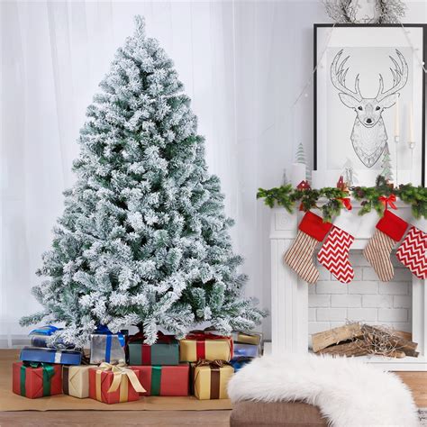 SmileMart 6ft Pre-lit Flocked Artificial Snow Frosted Christmas Tree ...