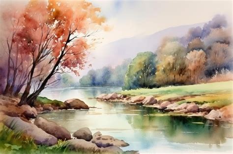 Premium AI Image | A watercolor painting of a river with trees in autumn.