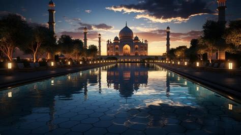 Premium AI Image | Taj mahal and in front a pool night view