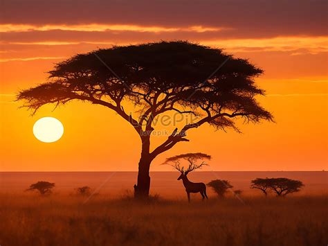 Mesmerizing View Of The Silhouette Of A Tree In The Savanna Plains During Sunset 사진 무료 다운로드 ...