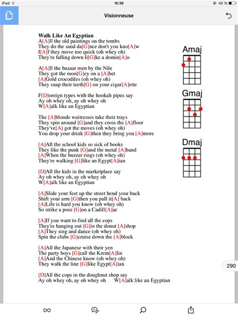 the ukulele guitar chords are arranged in red and black, with words that read walk like an egyptian