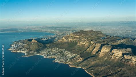 aerial landscape view with the famous Table Mountain National Park, the Lion's Head, the twelve ...