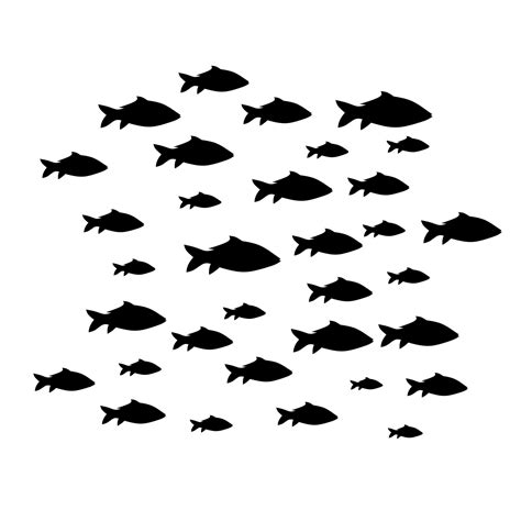 Silhouette of group of fish swimming together in deep sea. Isolated on a white background. Great ...