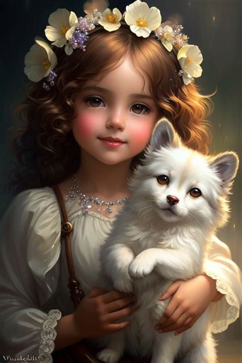 a painting of a girl holding a white dog