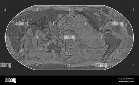 Tectonic plate boundaries on the world bilevel elevation map in the Robinson projection centered ...