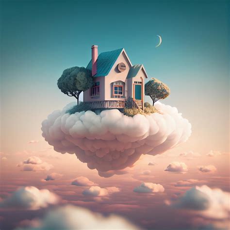 Premium Photo | Cute house in the clouds dream home 3d render illustration