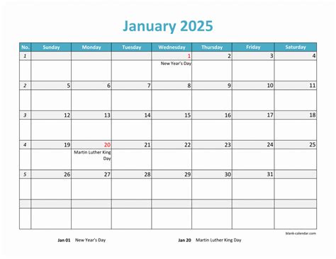 Free Download 2025 Excel Calendar large boxes in the grid (horizontal)