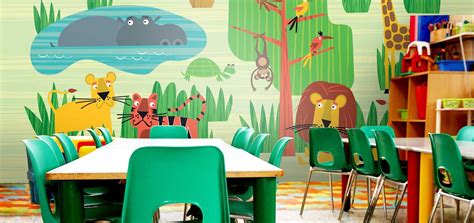 daycare center with animal mural | Nursery mural, Nursery wall murals, Mural wallpaper