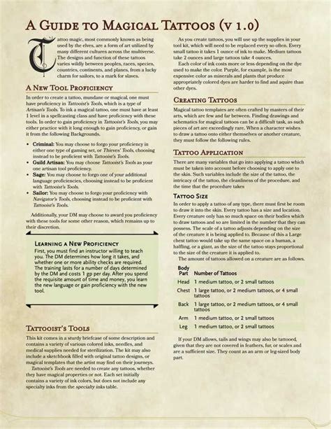 Magic Tattoos 5e (v 1.0) | Magic tattoo, Dungeons and dragons, Dnd 5e homebrew