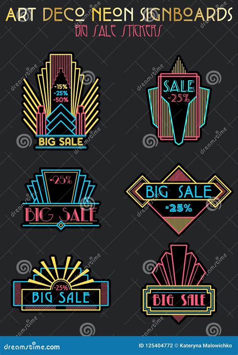 Art Deco Style Sale Neon Stickers Set Stock Illustration - Illustration of deco, emblem: 125404772