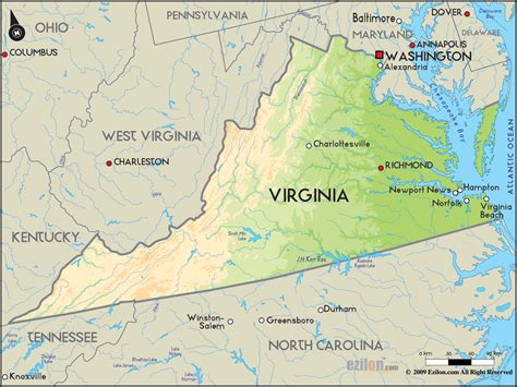 Geographical Map of Virginia and Virginia Geographical Maps