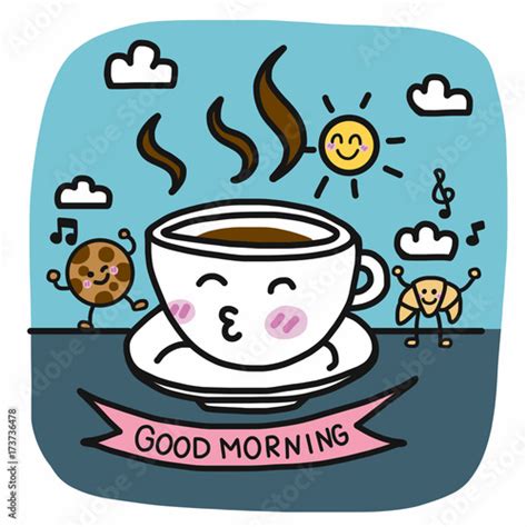 Good morning coffee cup and breakfast friend cartoon vector illustration doodle style Stock ...