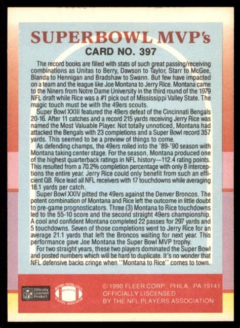 1990 Super Bowl MVPs #397 Jerry Rice & Joe Montana HOF San Francisco 49ers | eBay