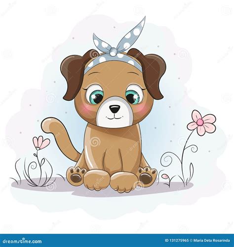 Cute Cartoon Puppy Girl with a Bandana on Flower Field Stock Vector - Illustration of beautiful ...