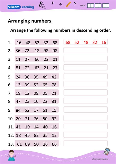 Download arranging numbers in ascending order, and descending order worksheets | vikramlearning.com