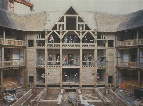 Globe staff and construciton workers stand in the semi-completed theatre. | Globe theater, House ...