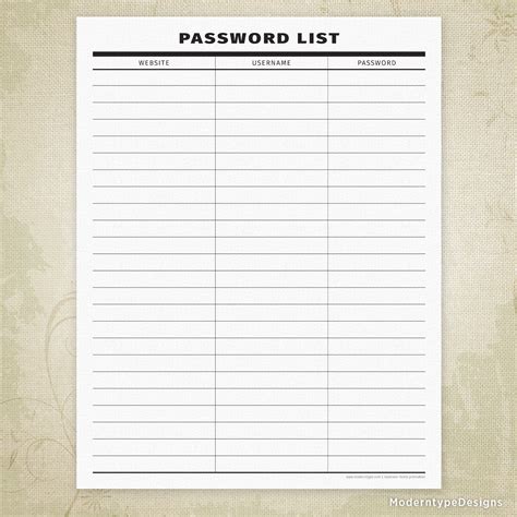 Blank Password Sheet - digiphotomasters