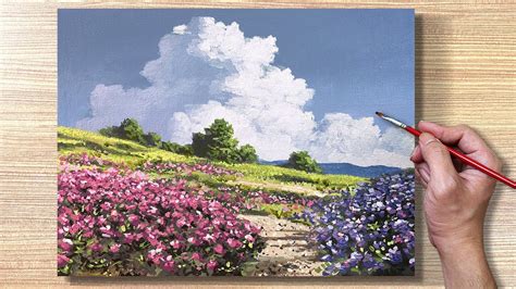 Acrylic Painting Flower Field and Big Clouds Landscape - YouTube