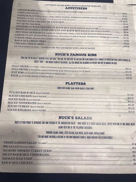 Menu at Bucks Bar, Corinth