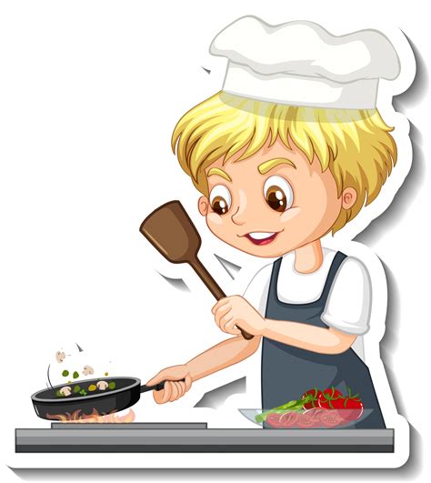 Sticker design with chef boy cooking food cartoon character 2988387 Vector Art at Vecteezy