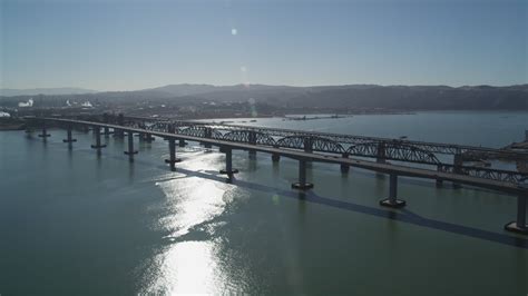 5K stock footage aerial video approach Benicia-Martinez Bridge spanning Carquinez Strait ...