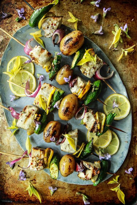 Grilled Swordfish Skewers with Lemon Garlic Sauce - Heather Christo