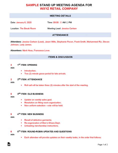 Free Stand Up Meeting Agenda Template | Sample - PDF | Word – eForms