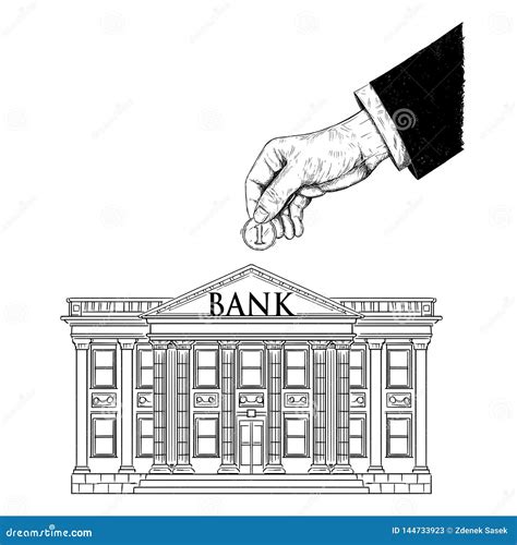 Vector Drawing of Hand of Businessman Putting Coin in Classic Bank Building Stock Vector ...