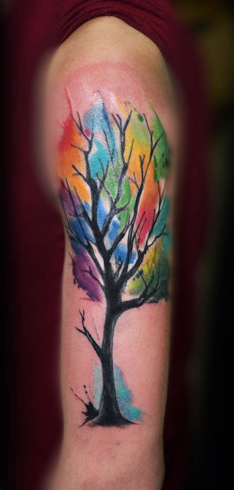 a colorful tree tattoo on the arm