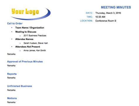 Church Business Meeting Minutes Template Collection