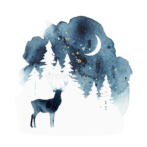 Vector Silhouette of Reindeer. Watercolor Winter Landscape with Isolated Animal, Sky, Moon and ...