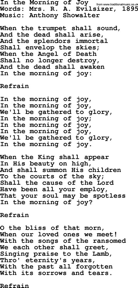 Hymns about Angels, Song: In The Morning Of Joy - complete lyrics, and PDF