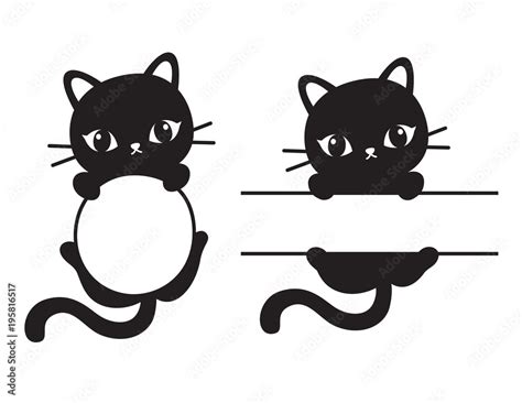 Cute black silhouette cat round and rectangular frame vector ...