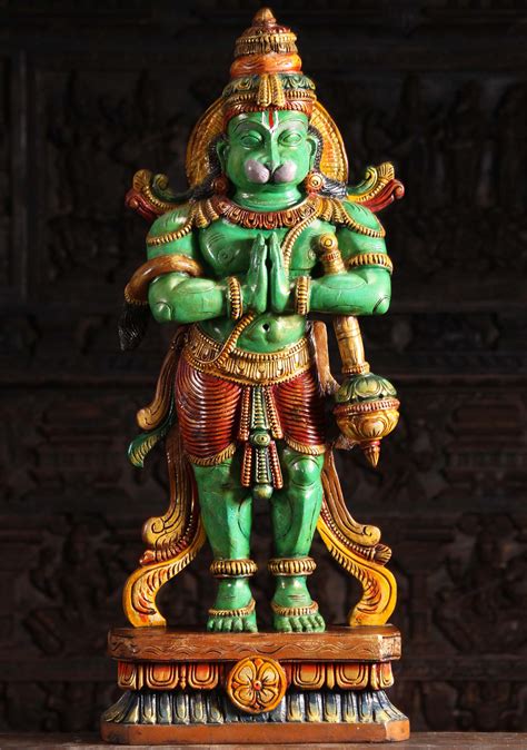 Wood Namaste Hanuman Statue Holding Club 37" (#98w9u): Lotus Sculpture