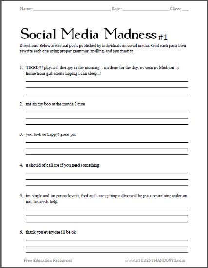 Social Media Madness Worksheets - Free to print (PDF files). Fun with grammar and punctuation ...