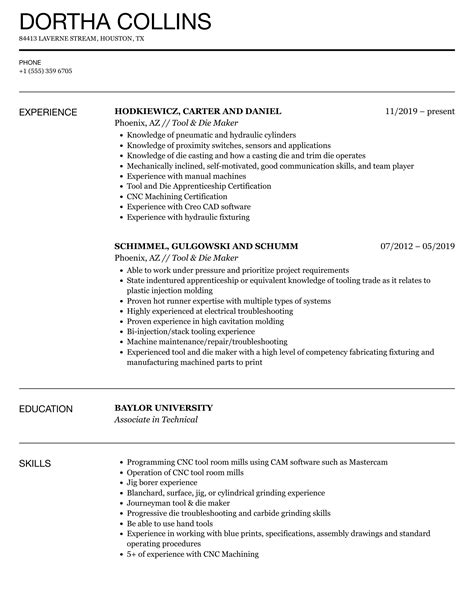 Tool & Die Maker Resume Samples | Velvet Jobs