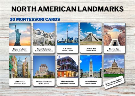 NORTH AMERICAN LANDMARKS Flashcards World Wonders Cards Printable Montessori Cards Nomenclature ...