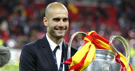 Pep Guardiola of Barcelona with the Champions League trophy, Wembley Stadium, London, May 2011 ...