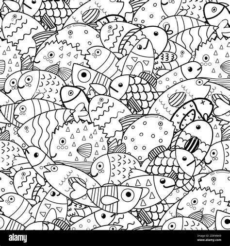 Doodle fish black and white seamless pattern. Sea life coloring page ...