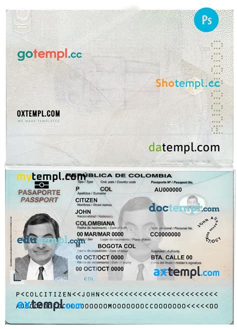 Colombia passport template in PSD format, fully editable, 2019 ...