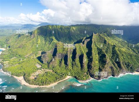 Aerial view Ke'e Beach, Haena Beach, Tunnels Beach, Kepuhi Beach, Kauai, Hawaii, USA, North ...