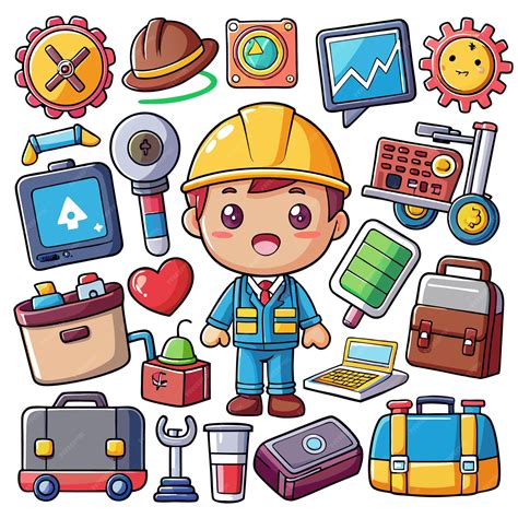 Cute cartoon illustration of a construction worker with tools and ...