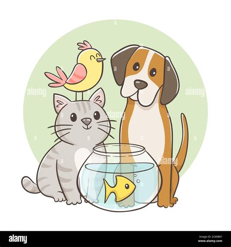 Cute portrait of pets: bird, cat, dog and fish. Hand-drawn cartoon vector illustration. Perfect ...