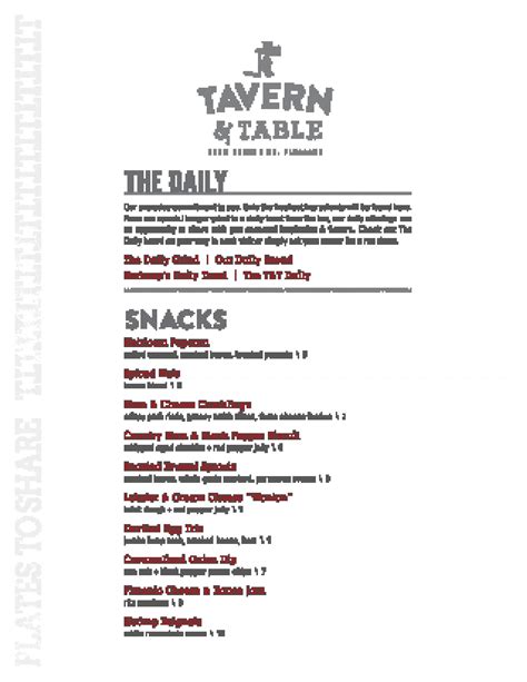 Menu at Tavern & Table pub & bar, Mount Pleasant