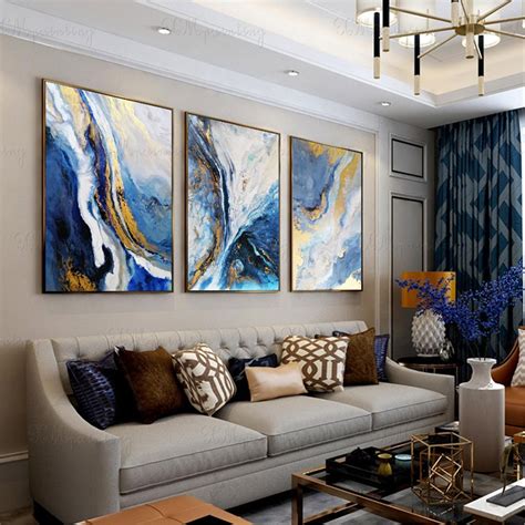 3 Panels Gold Art Abstract Painting on Canvas Wall Art Framed - Etsy | Blue living room decor ...